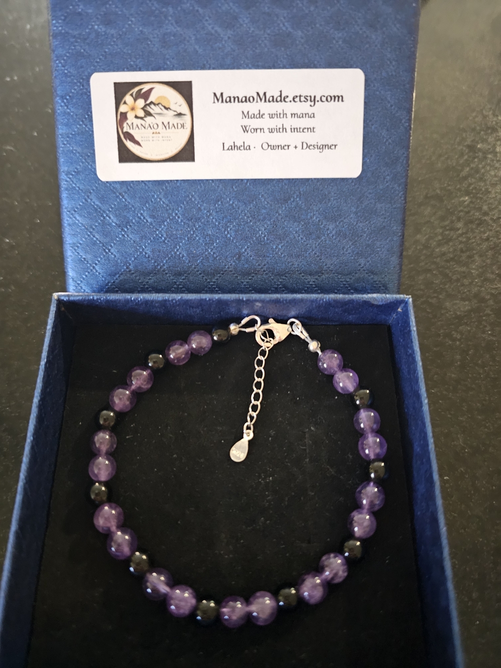 Kūpaʻa Bracelet: 6mm Black Obsidian and Amethyst, 925 Sterling Silver Components